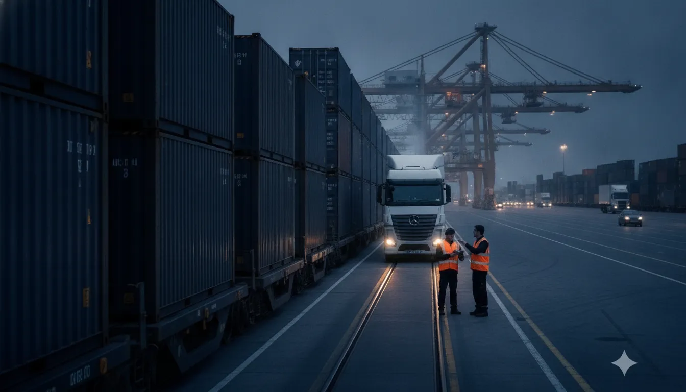 Intermodal freight container, rail cars, truck, and logistics workers at a terminal
