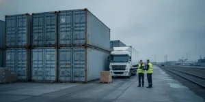 Freight containers beside a rail line during a rail transloading operation