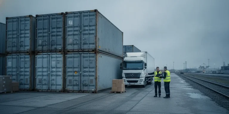 Freight containers beside a rail line during a rail transloading operation