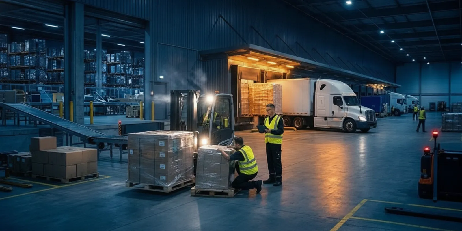 Warehouse receiving team reviewing a pallet load beside a delivery trailer