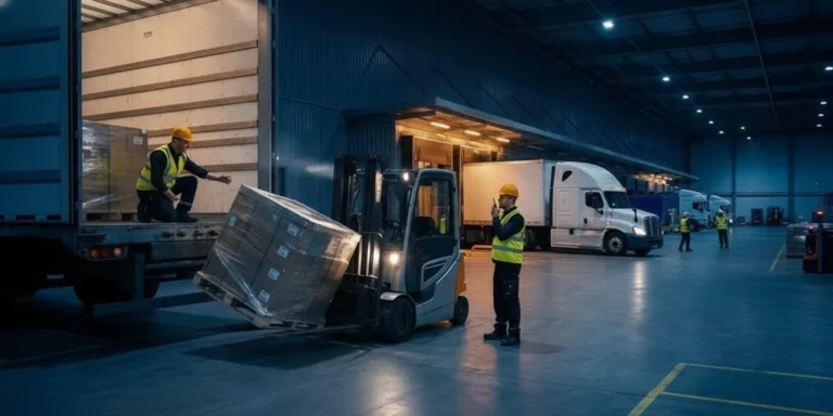Freight team assessing a shifted pallet load beside an open trailer at a warehouse dock