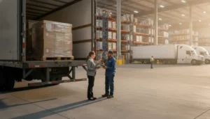 Broker and driver reviewing a refused freight trailer at a Southwest warehouse dock