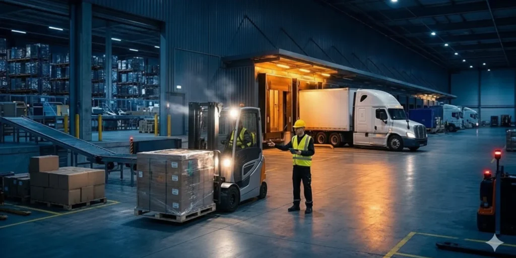 Freight team assessing a delayed shipment beside a truck at a loading dock