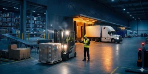 Freight team assessing a delayed shipment beside a truck at a loading dock