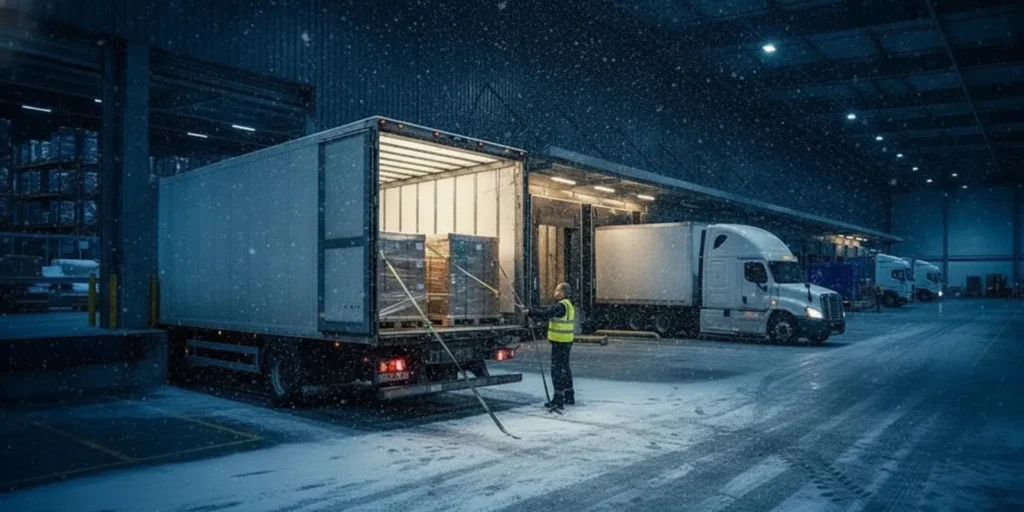 Freight pallets secured inside a trailer during a winter shipment